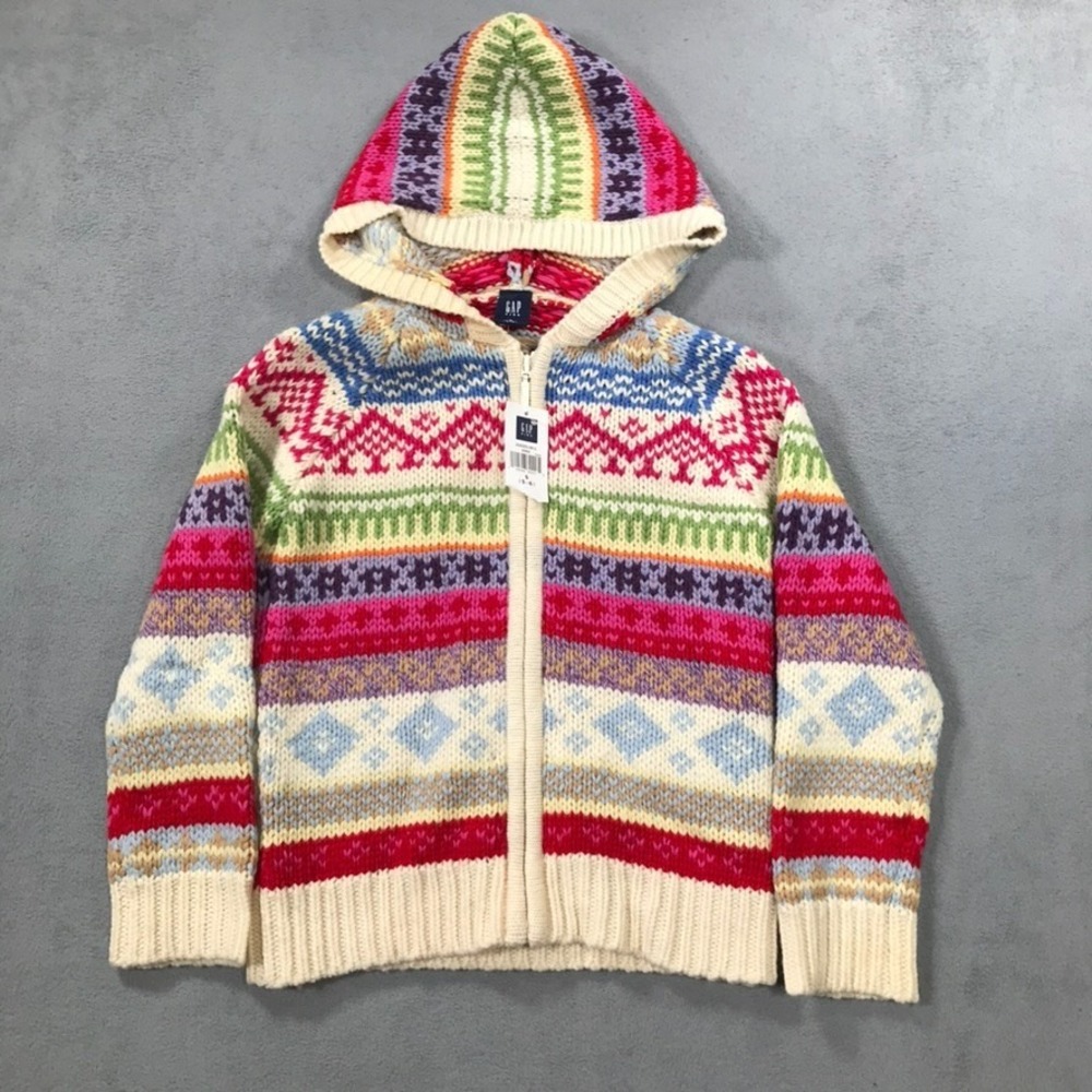Vintage GAP Kids Girls' Hooded Cardigan Sweater Kids 5-6 Fair Isle Wool NEW Y2K